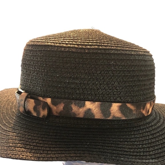 Leopard Black paper straw hat with buckle trim slight flare - Picture 6 of 8